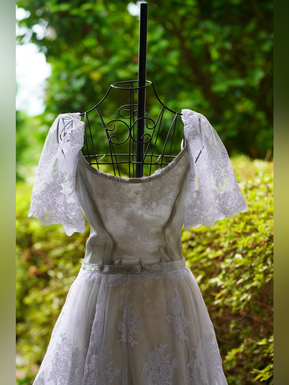Vintage Ivory & Sage Lace Floral Appliqué Gown | Romantic Off-Shoulder Wedding - Picture 2 of 16